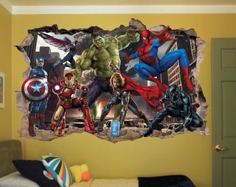 Big Superhero Avengers Mural Wall Sticker Spiderman Hulk Art 3D Effect Poster Mural Decal Room Office Nursery Decor ID732