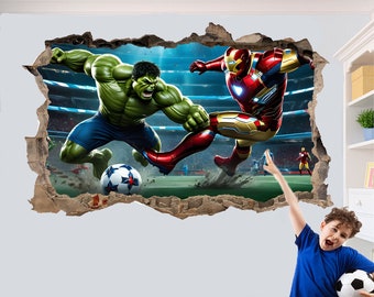 Superhero Avengers Hulk and Ironman Football Wall Sticker Art 3D Effect Poster Mural Decal Room Office Nursery Decor ID779