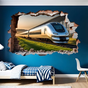 May include: A silver high-speed train is seen rushing through a brick wall, creating a 3D effect. The train is traveling on a track with green grass and a blue sky in the background.