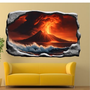 Puede incluir: Una obra de arte mural que representa una erupción volcánica. La obra presenta un volcán en llamas que arroja lava, sobre un cielo dramático y olas del océano. La imagen está enmarcada por un borde de piedra, creando un efecto 3D.