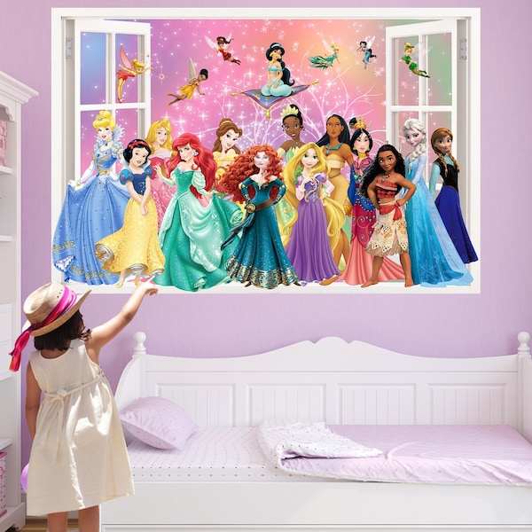 Princesse personnages et fées arc-en-ciel autocollant Mural affiche murale décalcomanie filles chambre pépinière décor ID720