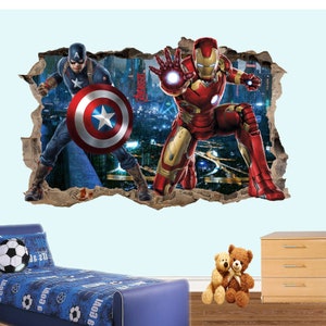 Large Superhero Avengers Iron-man Captain America Mural Wall Sticker Art 3D Effect Poster Decal Room Office Nursery Decor ID753