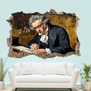 May include: A painting of a man playing a piano with musical notes in the background. The man is wearing a black suit and a white shirt with a ruffled collar. The painting is in a realistic style and has a warm colour palette.