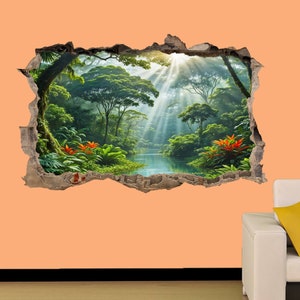 May include: A 3D wall decal featuring a lush green jungle scene with a river flowing through it. Sunlight streams through the trees, creating a bright and vibrant atmosphere.