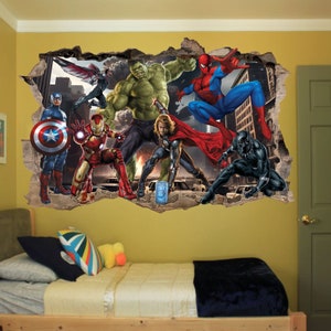 May include: A wall decal featuring a group of superheroes, including Captain America, Iron Man, Hulk, Thor, Spider-Man, and Black Panther. The decal is designed to look like the characters are breaking through the wall.