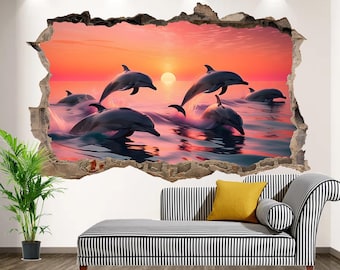 Pod of Dolphins Sunset Wall Sticker Mural Decal Poster Bedroom Office Nursery Home Decor ID951