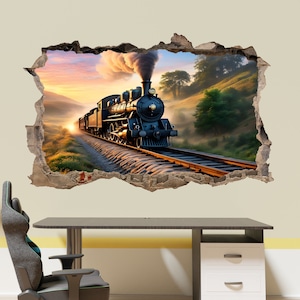 May include: A black steam locomotive train travels through a lush green forest with a sunset in the background. The train is on a set of tracks and is surrounded by trees and hills. The train is emitting smoke from its chimney.