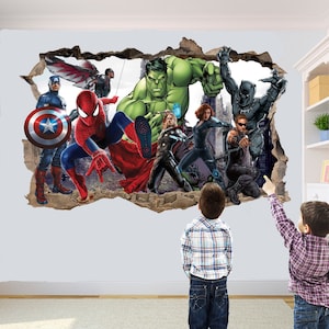 Super-héros Avengers personnages Hulk Spiderman autocollant Mural Art 3D effet affiche murale décalcomanie chambre bureau pépinière décor ID723 image 1