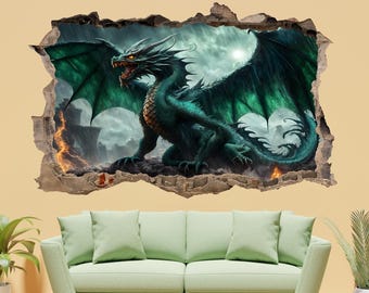 Dragon Wall Decal Smashed 3D Graphic Mystical Black Dragon Wall Sticker ...