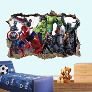 Super-héros Avengers personnages Hulk Spiderman autocollant Mural Art 3D effet affiche murale décalcomanie chambre bureau pépinière décor ID723 image 2