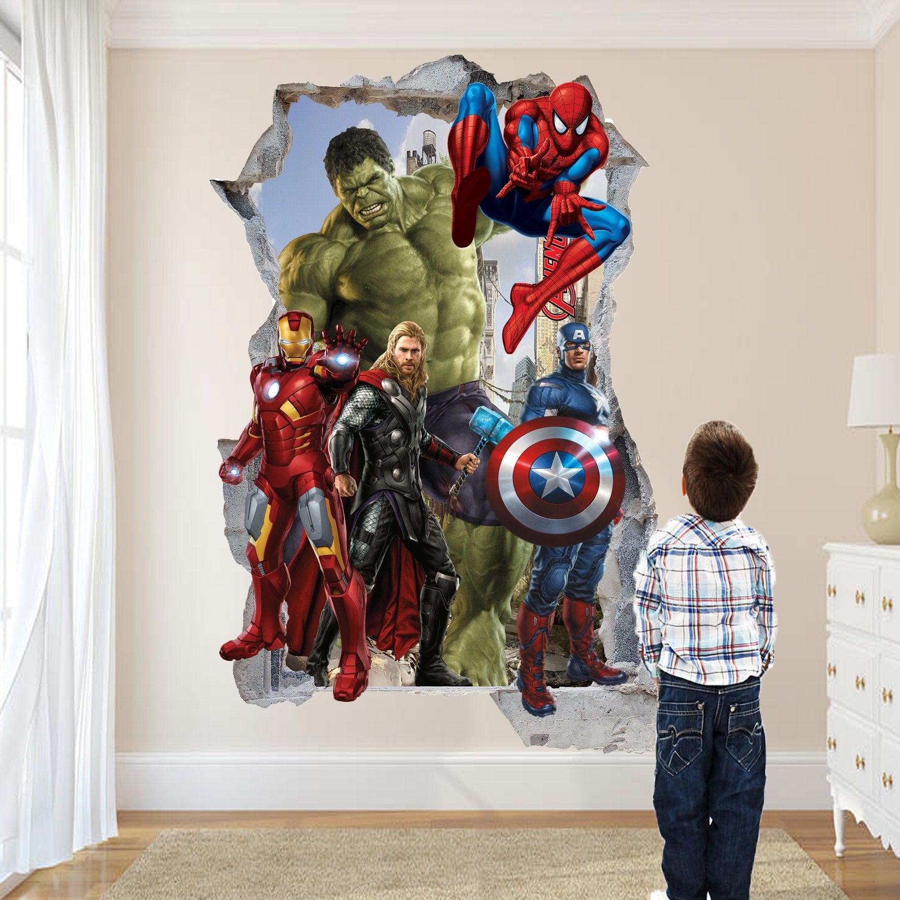 Superheroes Avengers Vinyl Wall Sticker Spider-man Hulk Thor Poster Mural Decal Office Nursery Room Vertical Decor ID751