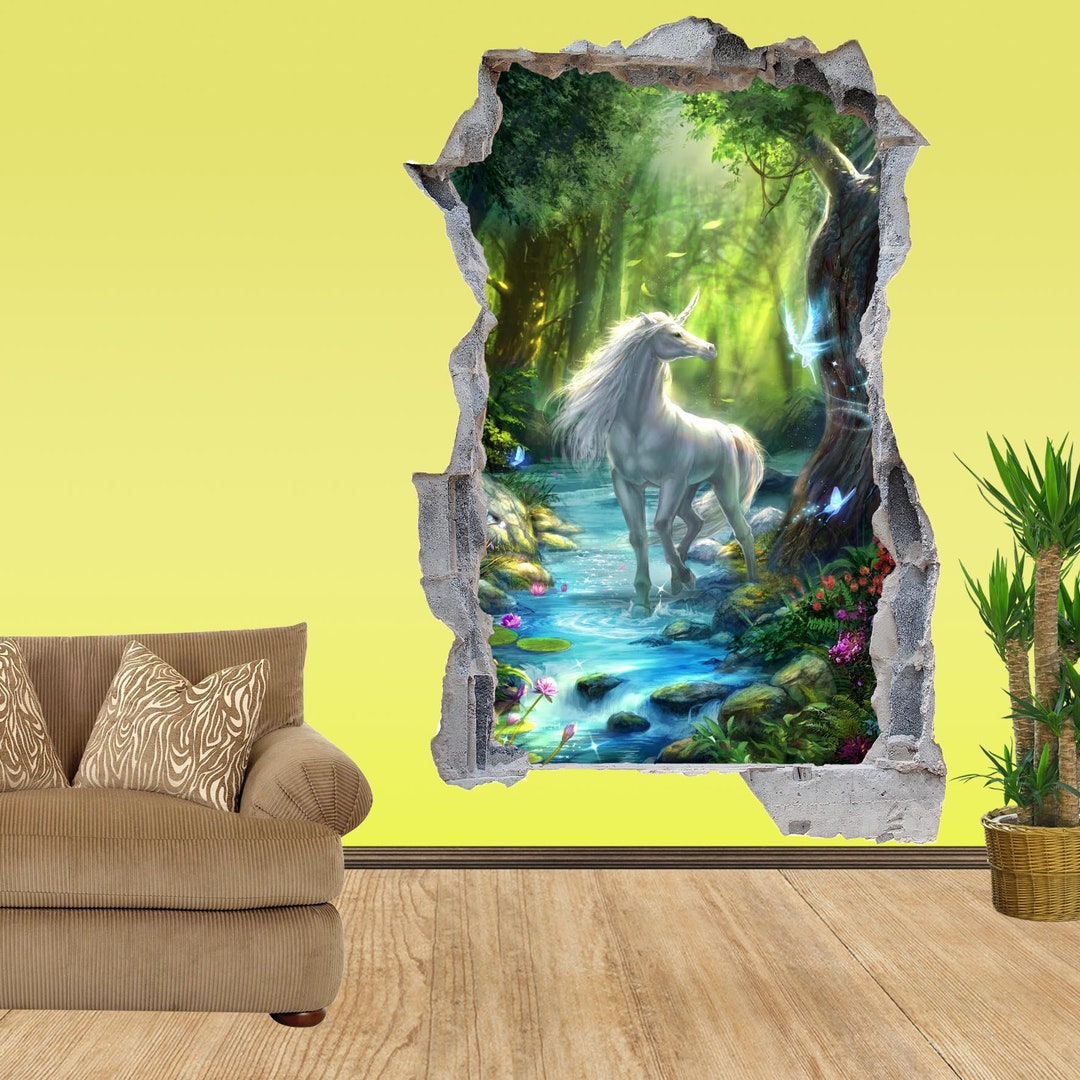 Mystic Forest River Unicorn Wall Sticker Mural Poster Decal Room Office ...
