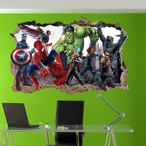 Super-héros Avengers personnages Hulk Spiderman autocollant Mural Art 3D effet affiche murale décalcomanie chambre bureau pépinière décor ID723 image 3
