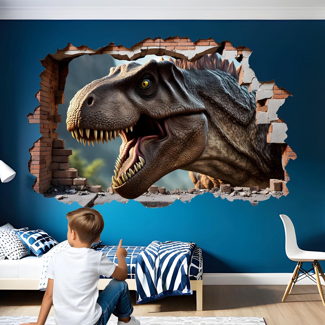 3D Dinosaur Hole in the Wall Sticker Poster – Living Room Decal ...