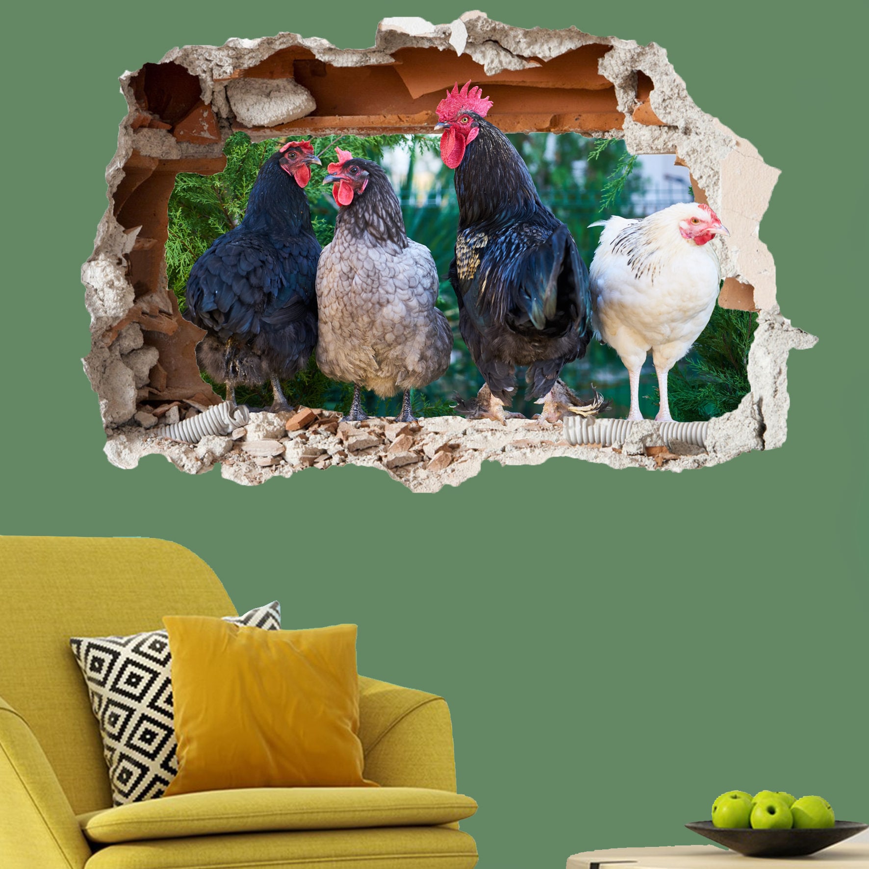 Wall Stickers Farm Chickens Hens Field Smashed Decal 3D Art Hole Room S444 