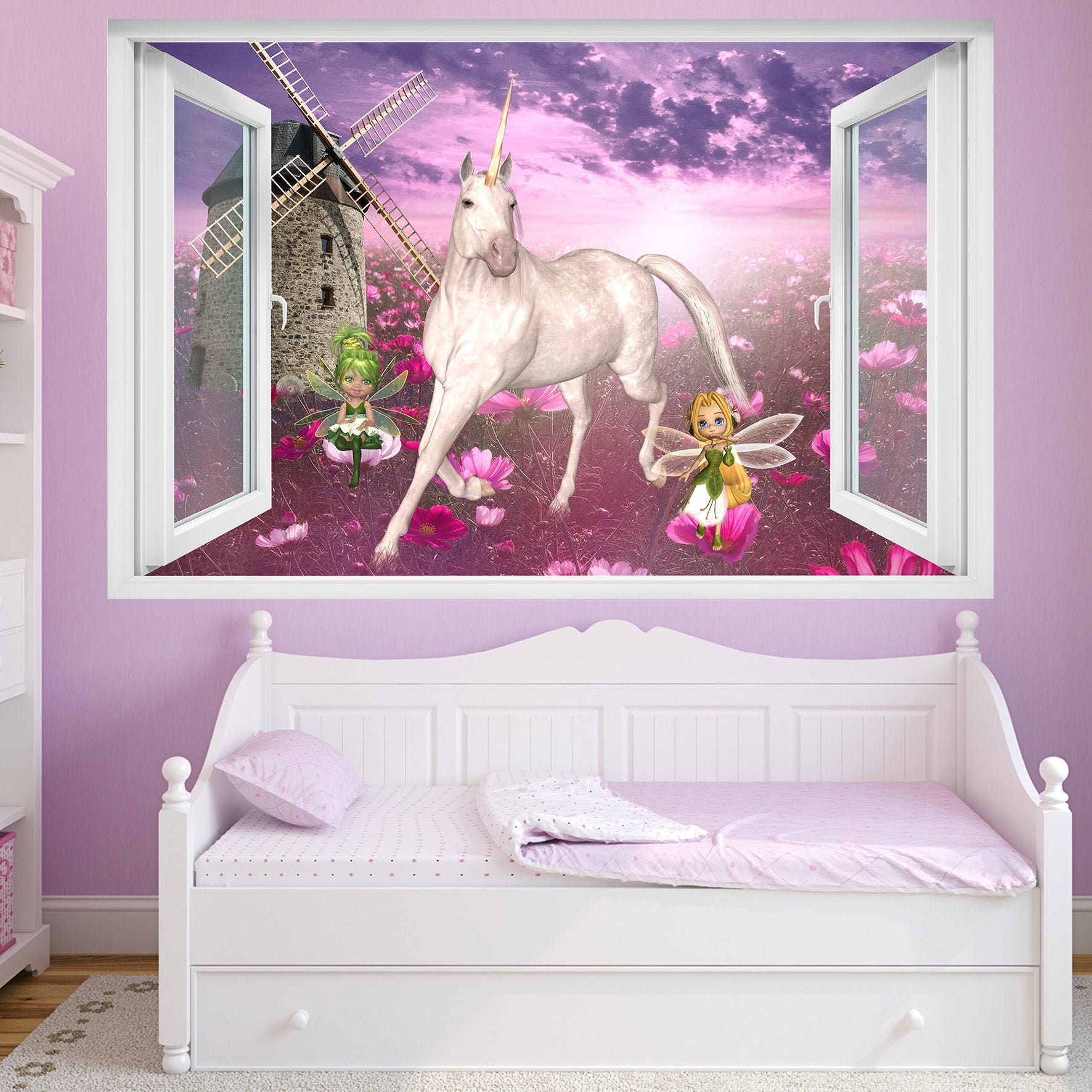 Unicorn Cute Fairies Windmill Wall Sticker Art Poster Mural Transfer Decal Print Living Kids Room Home Nursery Office Decor ID588