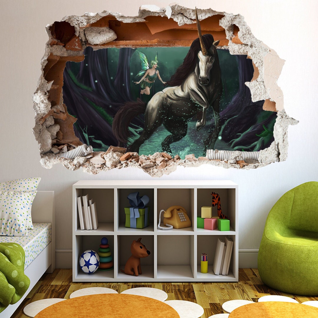 Magical Forest Unicorn and Fairy Wall Sticker Mural Poster Decal Room ...