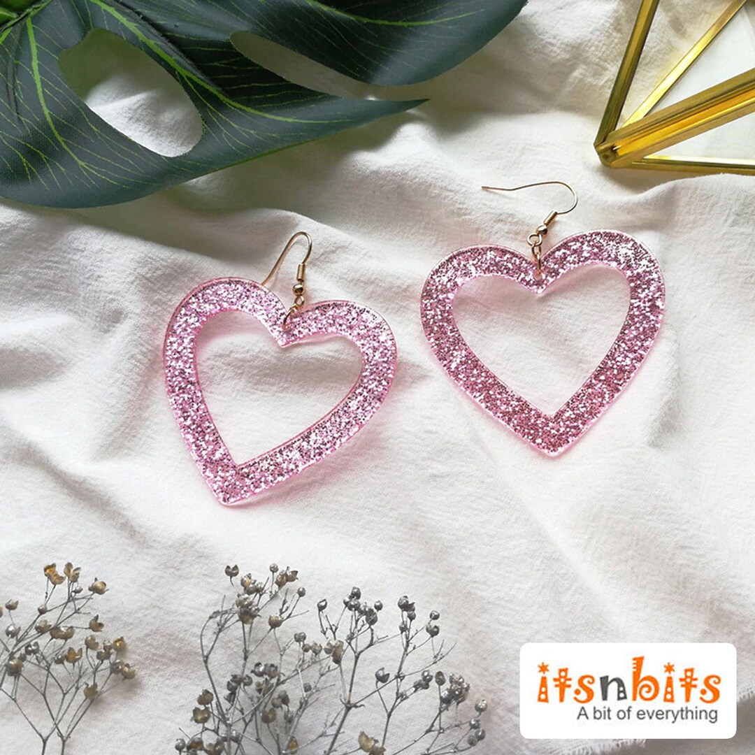 Pink Glitter Heart Earrings Acrylic Drop Dangle Earrings Girls Etsy UK
