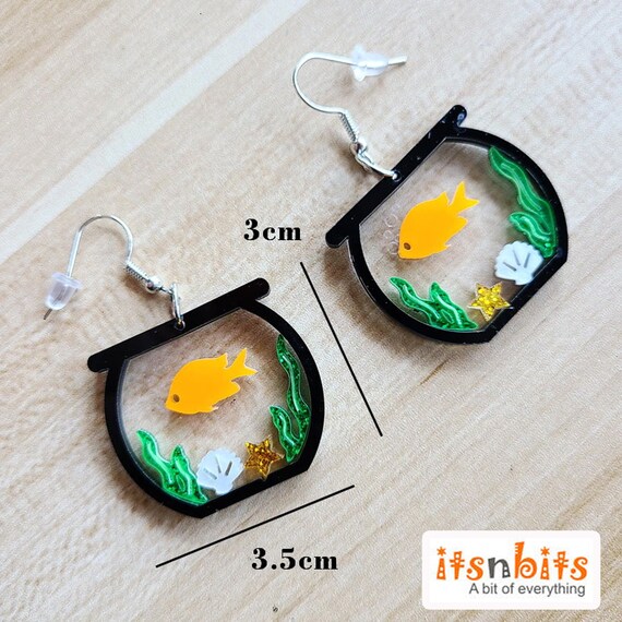 Fish Bowl 3D Earrings Bubble Spitting Goldfish in a Bowl Mini