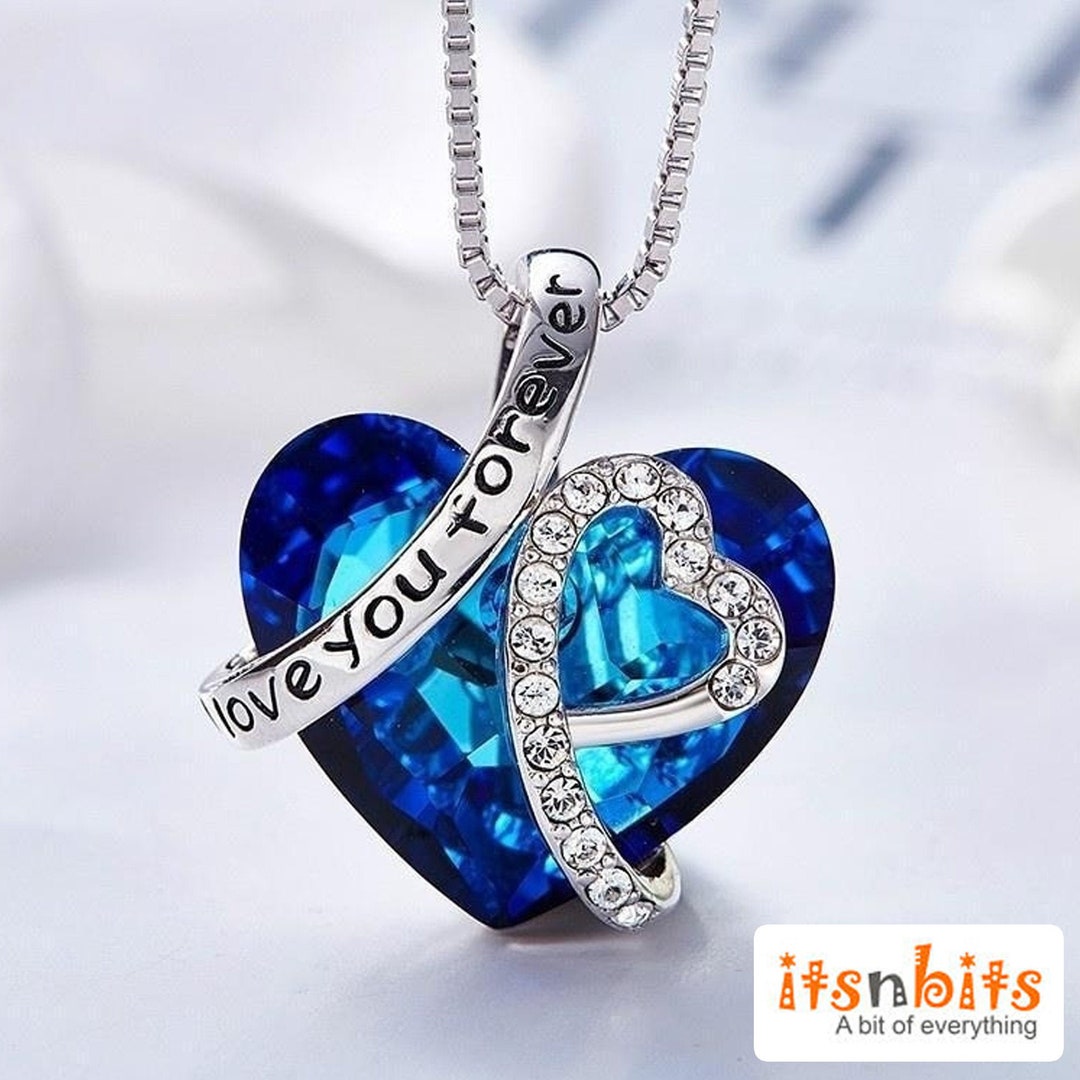 I Love You Forever Blue Crystal Shaped Heart Necklace Unique Gift