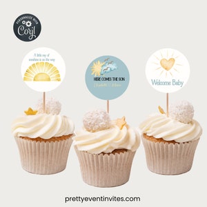 Sun Baby Shower Cupcake Toppers| Here Comes The Son Baby Shower Decor} You Are My Sunshine Boho Sunshine| Retro Baby Shower Decor| Printable