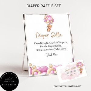 Diaper Raffle Tickets and Sign, Balloons Baby Shower Template, Editable Instant Download Baby Shower Game Sign Can Bearly Wait Diaper Raffle