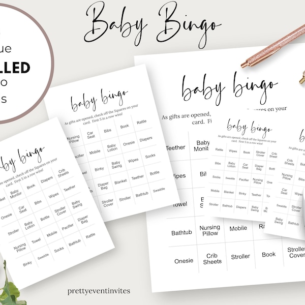Baby Shower Bingo Cards Printable | 50 Unique Baby Shower Bingo Prefilled Cards |Baby Bingo Game |baby shower gift bingo card| Sip and See