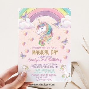 Invito di compleanno di unicorni per bambini / Invito di compleanno di unicorno / Invito arcobaleno / Download istantaneo Inviti di unicorno / Invito di unicorno