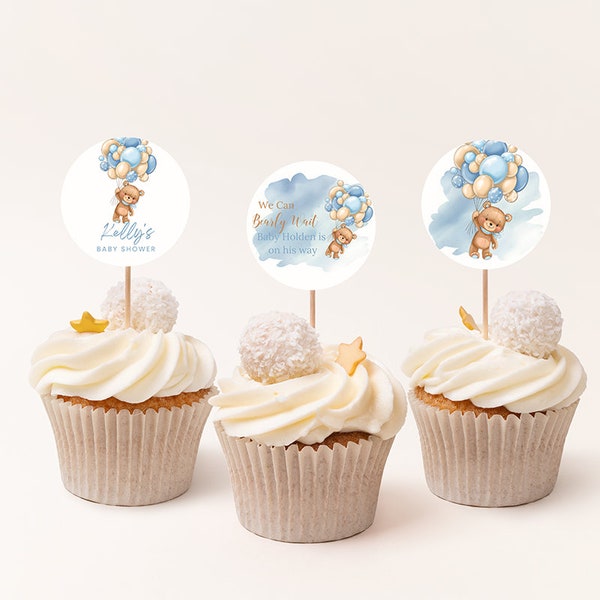 Bear Baby Shower Cupcake Toppers| Teddy Bear Baby Shower Cupcake Toppers, We Can Bearly Wait Cupcake Toppers,  Baby Shower Decor, Editable