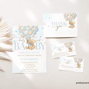 We Can Bearly Wait Baby Shower Invitation Bundle, Editable Brown Bear Balloon Baby Shower Invitation Bundle, Blue Boy Boho Bear Baby Shower