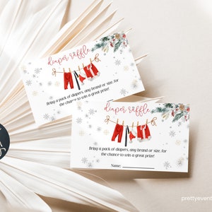 Carte de tombola de couches Joyeux petit bébé | Imprimable Modifiable | Tombola de couches | Modèle d'invitation de baby shower d'hiver | Faire-part de fête prénatale du Père Noël