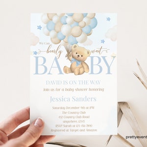 Blue Boy Boho Bear Baby Shower, We Can Bearly Wait Baby Shower Invite, Editable Brow Bear Balloon Baby Shower Invitation, Paperless Invite
