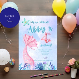 Mermaid Birthday Invitation for Girl&#39;s Party, Instant Download for Birthday, Mermaid Birthday Party, Under The Sea, Mermaid Invitation