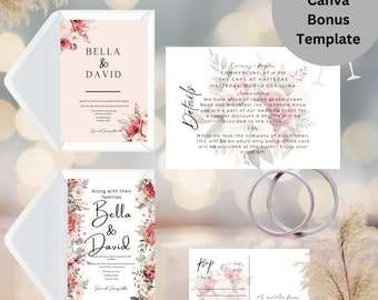 May include: Wedding invitation suite with a floral design in shades of pink and gray. The invitation features the names "Bella & David" and the text "Along with their families". The RSVP card includes the text "RSVP" and "12.1.2X".