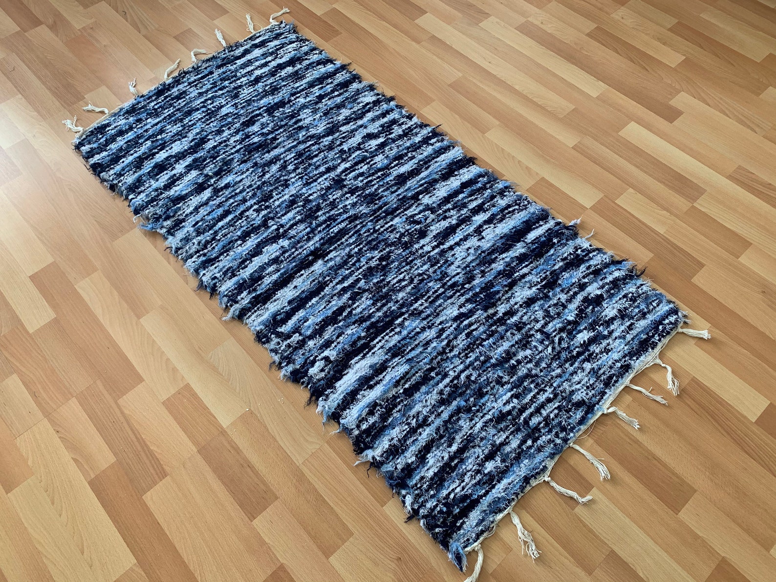 Mittlerer handgewebt blauer Teppich Baumwollteppich | Etsy