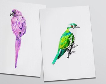 Duo illustration of colorful green and purple birds, A5 poster • Green & Magenta birds