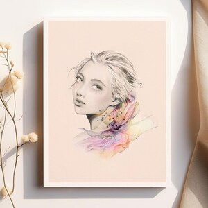 Modeillustrations-Kunstposter, Porträt einer Frau und einer Blume A4 • Femme Fleur I