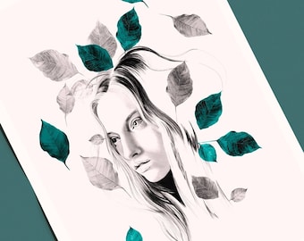 A4 woman illustration poster • October leafs girl