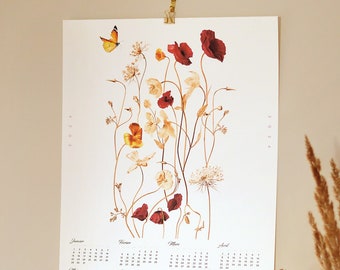 Art poster calendar 2024 botanical illustration poppies, large calendar to offer flowers A3+ • Poppy collection