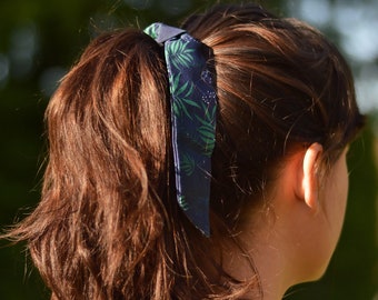 Tropical navy blue darling - hair ribbon original navy blue and green foliage pattern - Women's artisanal hair accessory