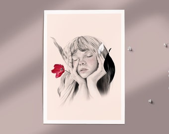 Fashion illustration art poster, floral woman portrait A4 • Flowers dreamer II