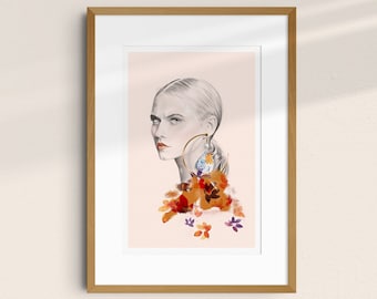 Fashion illustration art poster, floral woman portrait A4 • Be My Dæmon