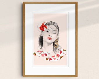 Fashion illustration art poster, portrait of woman and fish A4 • Be My Dæmon II