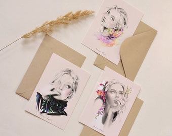 Postcards - set of 3 art prints, set of A6 women's portrait illustrations • Woman & flowers