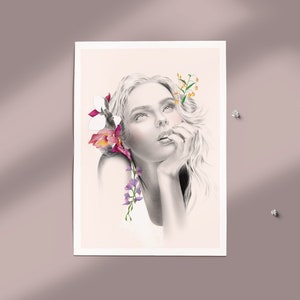 Mode-Illustration-Kunstposter, florales Frauenporträt A4 • Blumenträumer I
