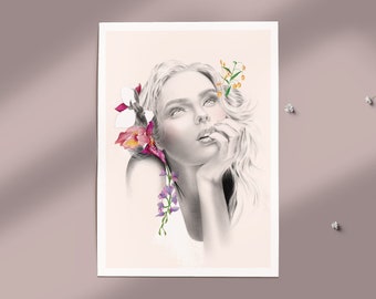 Fashion illustration art poster, floral woman portrait A4 • Flowers dreamer I