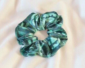 Unique green velvet scrunchie, handmade - aqua green velvet floral pattern print - artisanal creation