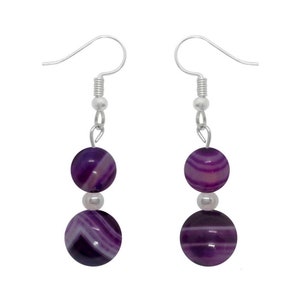 Gold or silver dangling earrings with double purple agate beads in tinted natural stone and stainless steel