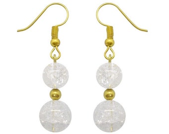 Double hanging earrings with cracked rock crystal beads in natural stone and gold or silver steel