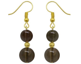 Hanging earrings double golden or silver smoky quartz beads made of natural stone and surgical steel